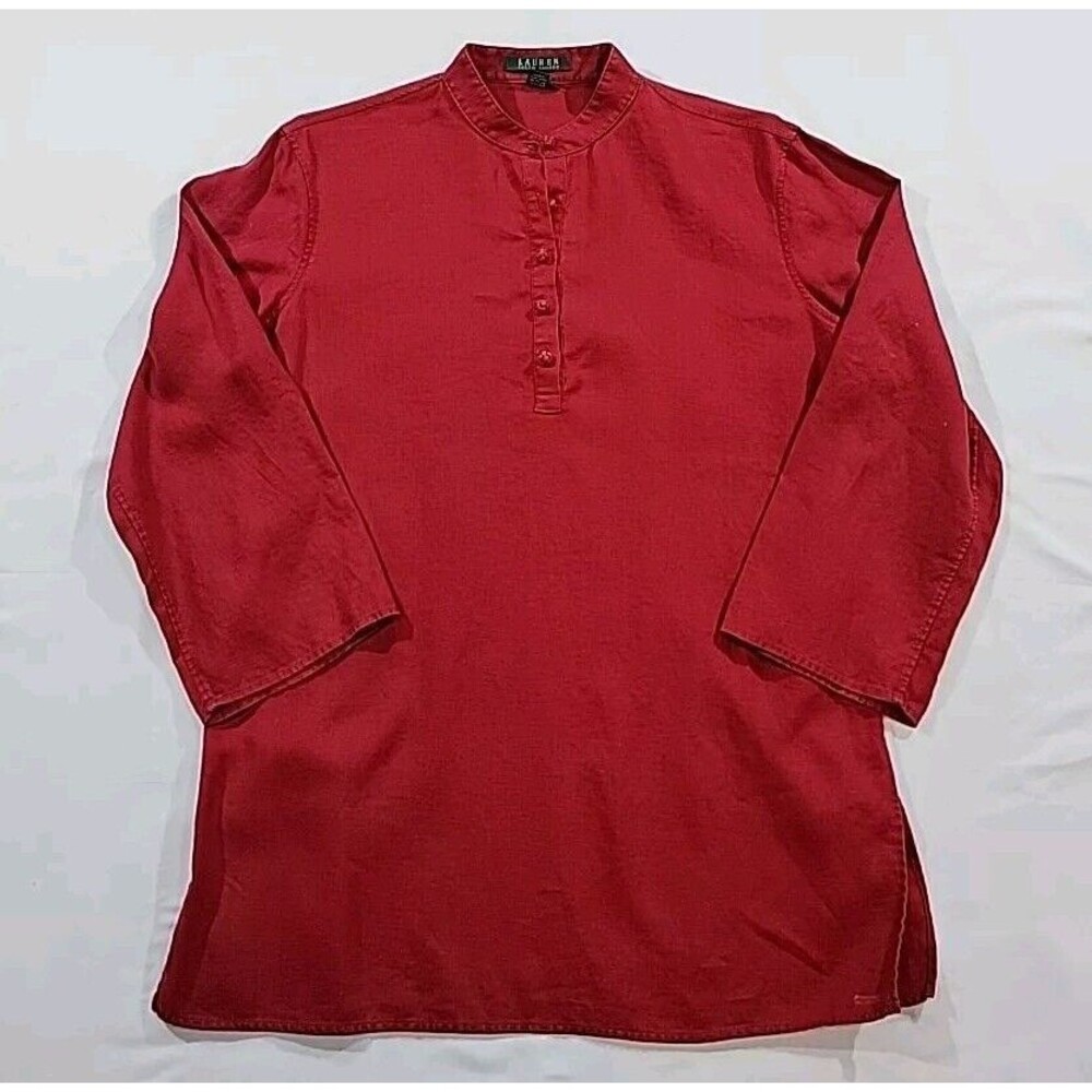 Lauren Ralph Lauren Henley Tunic Top 100% Linen Red Fabric Buttons Size Medium